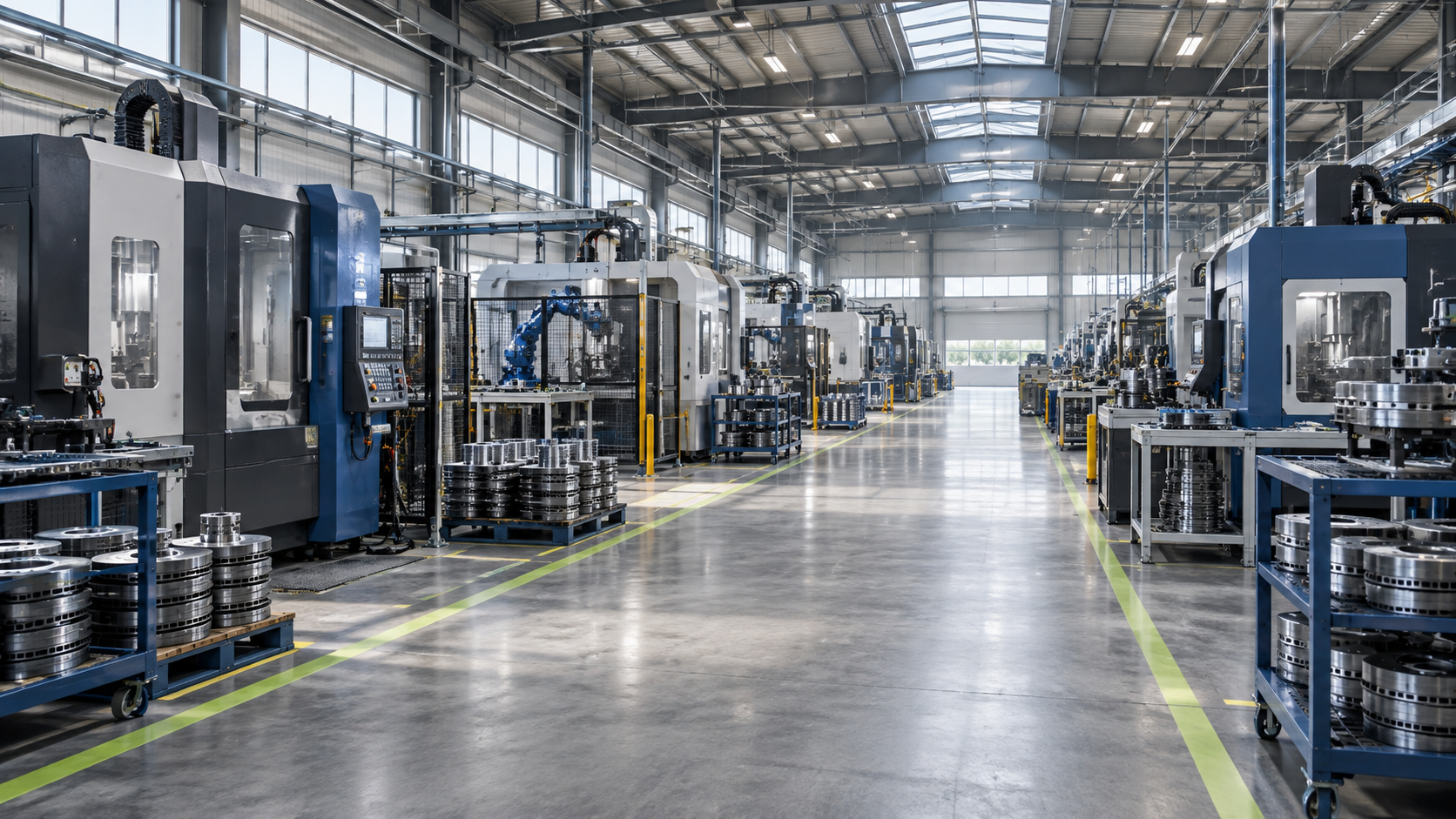 AI-created brake pad production hall illustration with industrial equipment and a central aisle