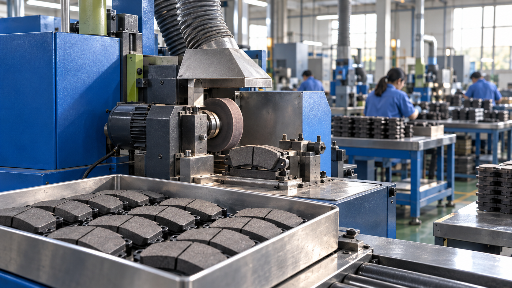 AI-created illustration of brake pad production equipment and component processing